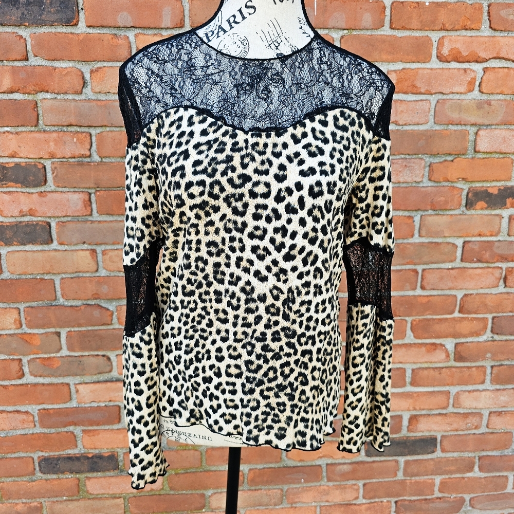 Zara Basic Leopard Print & Lace Long Sleeve Blous… - image 1